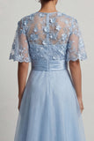 Sky Blue A Line 3D Bloemen Lange Moeder van de Bruid Jurk met halve mouwen