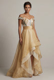 Off the Shoulder A Line Champagne Pailletten Moeder van de Bruid Jurk