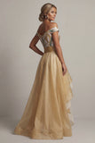 Off the Shoulder A Line Champagne Pailletten Moeder van de Bruid Jurk