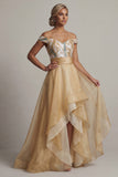 Off the Shoulder A Line Champagne Pailletten Moeder van de Bruid Jurk