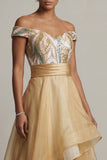 Off the Shoulder A Line Champagne Pailletten Moeder van de Bruid Jurk