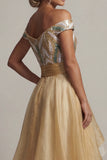 Off the Shoulder A Line Champagne Pailletten Moeder van de Bruid Jurk