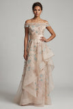 Off the Shoulder A-lijn blush pailletten Mother of the Bride jurk