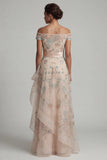 Off the Shoulder A-lijn blush pailletten Mother of the Bride jurk