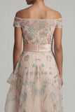 Off the Shoulder A-lijn blush pailletten Mother of the Bride jurk