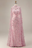 Meermin Roze Illusion Neck 3D bloemen avondjurk met cape mouwen