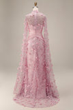 Meermin Roze Illusion Neck 3D bloemen avondjurk met cape mouwen