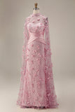 Meermin Roze Illusion Neck 3D bloemen avondjurk met cape mouwen