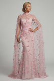 Meermin Roze Illusion Neck 3D bloemen avondjurk met cape mouwen