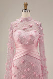 Meermin Roze Illusion Neck 3D bloemen avondjurk met cape mouwen