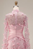 Meermin Roze Illusion Neck 3D bloemen avondjurk met cape mouwen