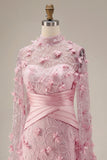 Meermin Roze Illusion Neck 3D bloemen avondjurk met cape mouwen