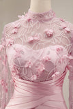 Meermin Roze Illusion Neck 3D bloemen avondjurk met cape mouwen
