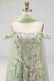 Off-the-shoulder stoffige salie A-lijn pailletten geborduurde lange galajurk met split