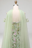 Off-the-shoulder stoffige salie A-lijn pailletten geborduurde lange galajurk met split