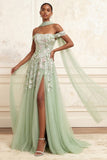 Off-the-shoulder stoffige salie A-lijn pailletten geborduurde lange galajurk met split