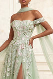 Off-the-shoulder stoffige salie A-lijn pailletten geborduurde lange galajurk met split