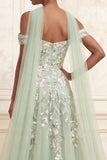 Off-the-shoulder stoffige salie A-lijn pailletten geborduurde lange galajurk met split