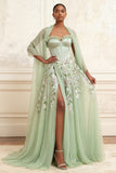 Strapless Dusty Sage A-lijn pailletten tule geborduurde lange galajurk met split