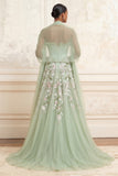 Strapless Dusty Sage A-lijn pailletten tule geborduurde lange galajurk met split
