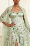 Strapless Dusty Sage A-lijn pailletten tule geborduurde lange galajurk met split