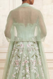 Strapless Dusty Sage A-lijn pailletten tule geborduurde lange galajurk met split