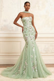 Stoffige salie strapless zeemeermin pailletten tule geborduurde lange galajurk