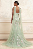 Stoffige salie strapless zeemeermin pailletten tule geborduurde lange galajurk