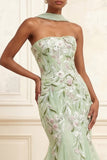 Stoffige salie strapless zeemeermin pailletten tule geborduurde lange galajurk