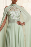 A-lijn halter hals stoffige salie tule bloemenjurk met kralen geborduurde lange galajurk met cape