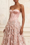 Blush A-lijn strapless korset, pailletten met applicatie lange galajurk en 3D-bloemen
