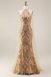 Glitterende zeemeermin Champagne Halter Neck Pailletten Lange Galajurk met Cape