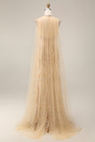 Glitterende zeemeermin Champagne Halter Neck Pailletten Lange Galajurk met Cape