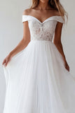Off-the-shoulder witte tule A-lijn lange afstudeerjurk met kant