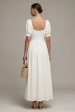 Witte A-lijn chiffon pofmouwen lange verlovingsjurk