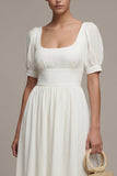 Witte A-lijn chiffon pofmouwen lange verlovingsjurk