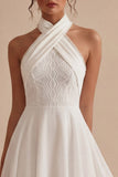 Halter Chiffon Kant A Line Klein Wit Jurkje
