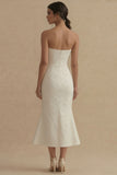 Strapless Jacquard Witte Zeemeermin Midi Verlovingsjurk