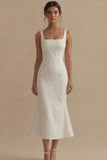 Vierkante hals Jacquard Witte Zeemeermin Midi Verlovingsjurk