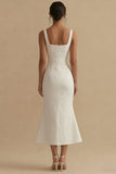 Vierkante hals Jacquard Witte Zeemeermin Midi Verlovingsjurk