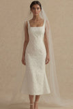 Vierkante hals Jacquard Witte Zeemeermin Midi Verlovingsjurk
