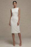 Witte Bodycon Bateau Neck Lace Midi Afstudeerjurk