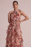 Stoffy Rose Halter Met Rimpels Bloemen Lange Trouwjurk Gast Gast Jurk