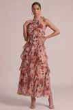 Stoffy Rose Halter Met Rimpels Bloemen Lange Trouwjurk Gast Gast Jurk