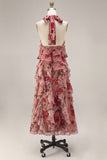 Stoffy Rose Halter Met Rimpels Bloemen Lange Trouwjurk Gast Gast Jurk
