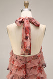 Stoffy Rose Halter Met Rimpels Bloemen Lange Trouwjurk Gast Gast Jurk