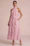 Stoffy Rose Halter Met Rimpels Bloemen Lange Trouwjurk Gast Gast Jurk