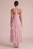 Stoffy Rose Halter Met Rimpels Bloemen Lange Trouwjurk Gast Gast Jurk