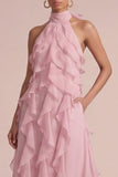Stoffy Rose Halter Met Rimpels Bloemen Lange Trouwjurk Gast Gast Jurk