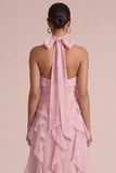 Stoffy Rose Halter Met Rimpels Bloemen Lange Trouwjurk Gast Gast Jurk